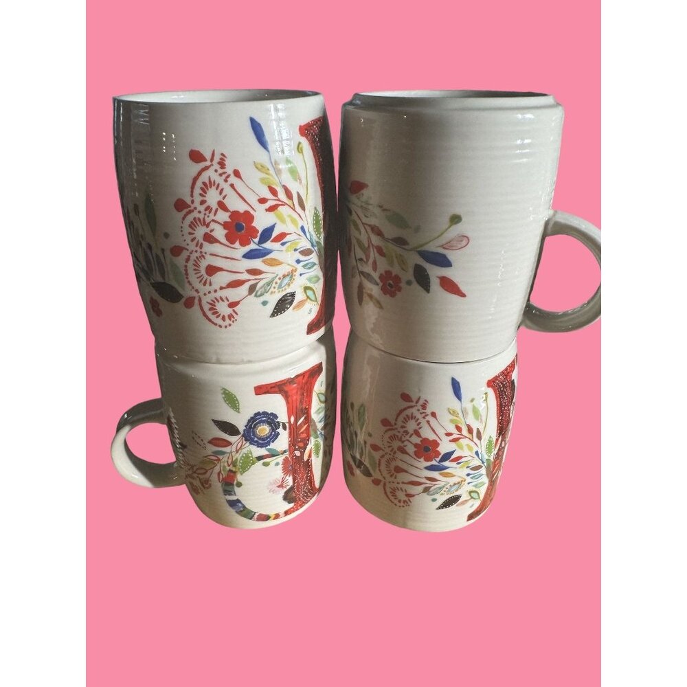 Anthropologie Starla M. Halfmann Petal Palette Floral Monogram P Mugs Set Of 4 3